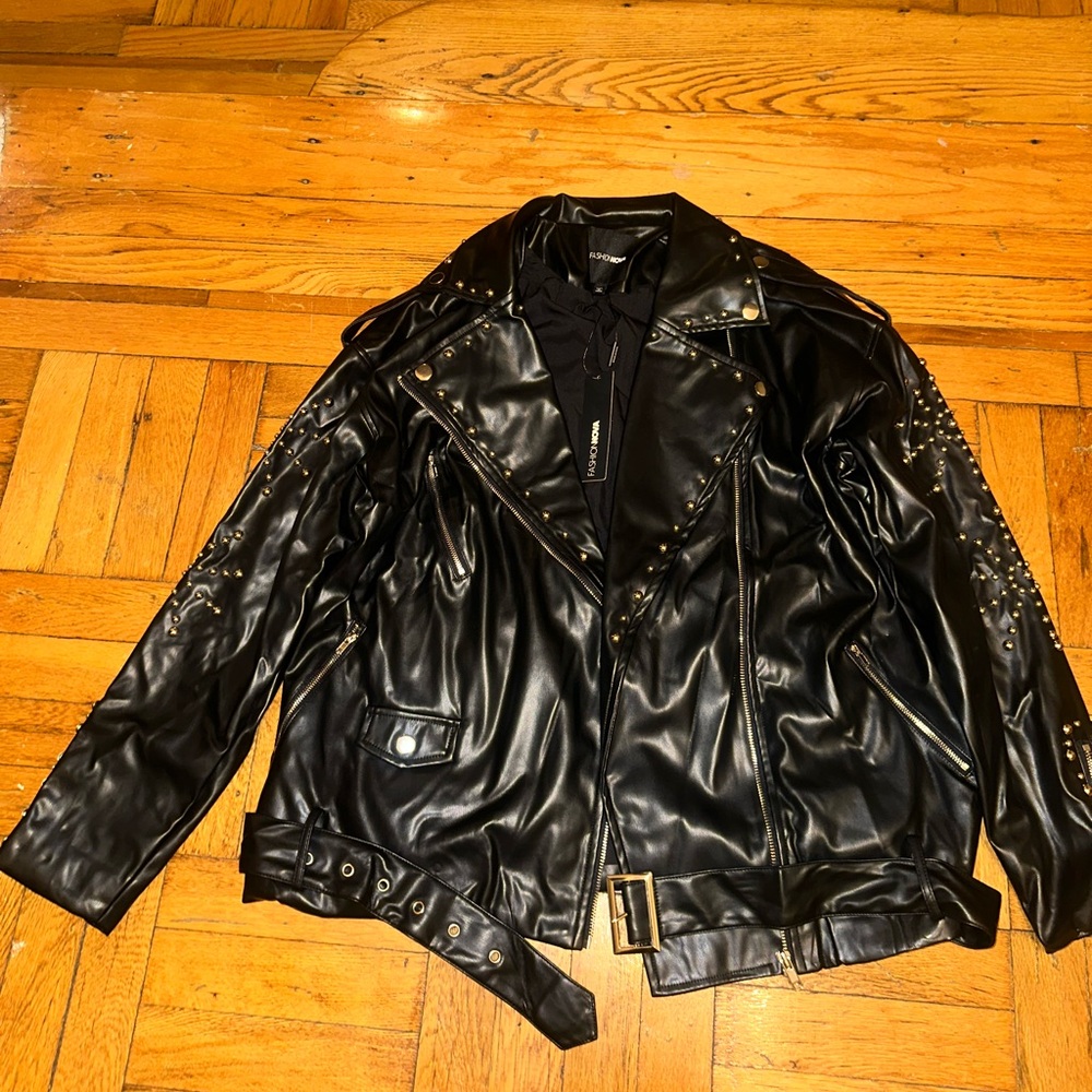 Studded Faux Leather Moto Jacket - Black